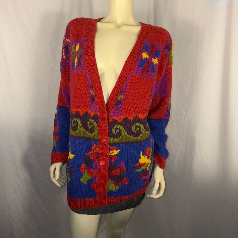 Vintage Jacquelyn by Browne Colorblock Floral Knit Cardigan Sweater | 80s 90s Bo - Picture 11 of 14